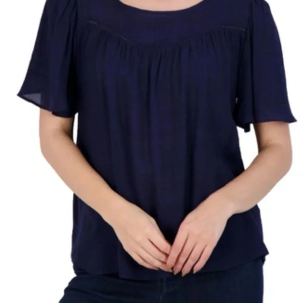 Nanette Lepore Navy Blue Flutter Sleeve Blouse Size Medium
